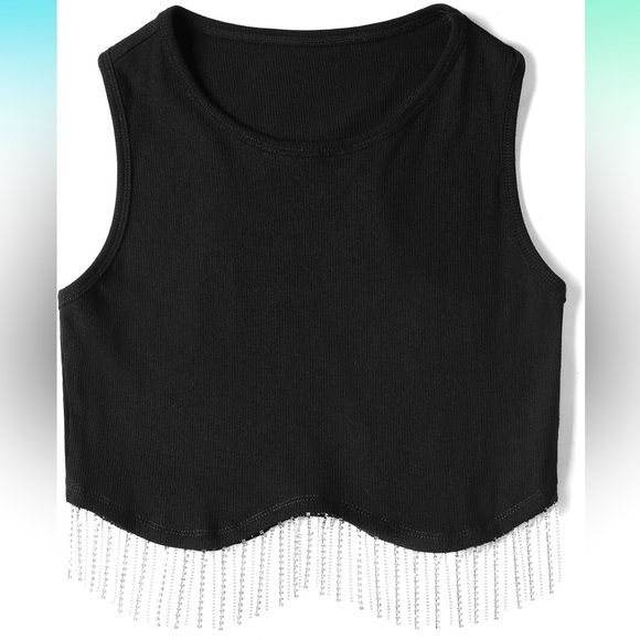 Woman's Crew Neck Racer Back Crop Tank With Sparkly Tassel Hem. Size Small - Picture 2 of 10